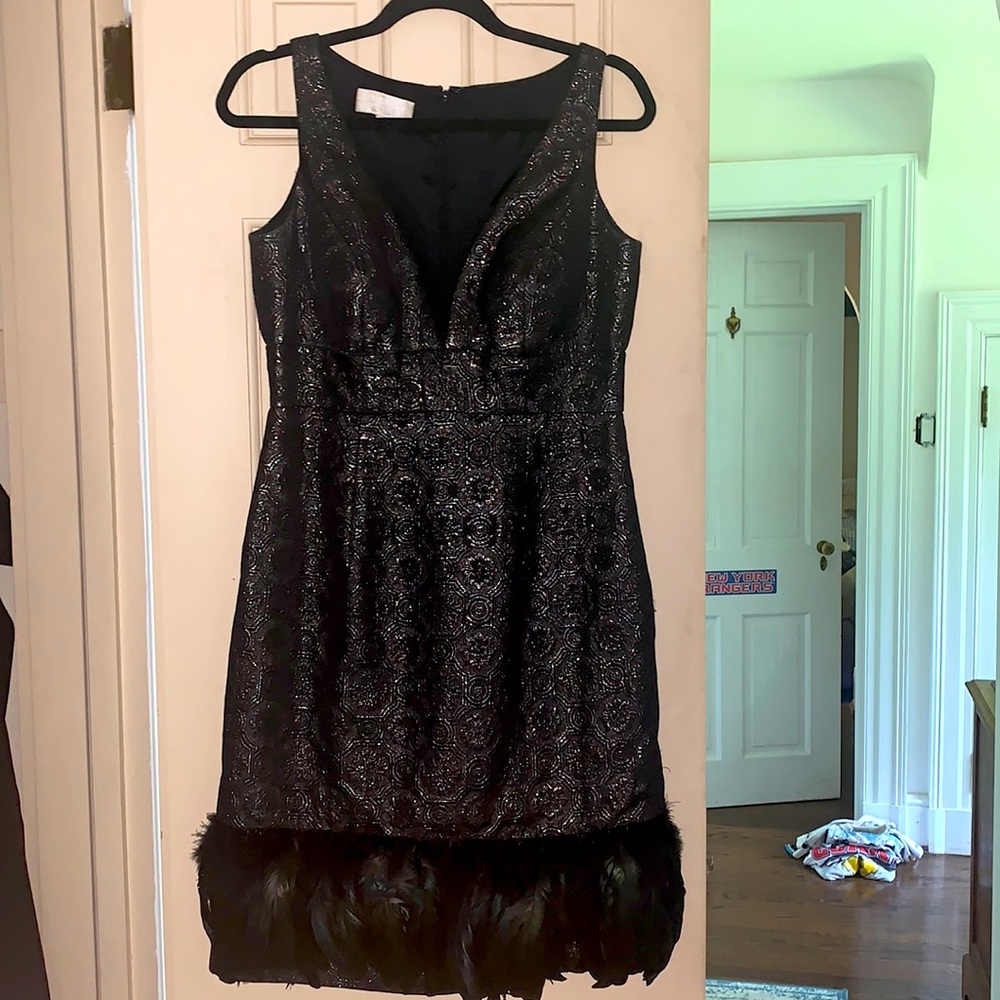 Badgley Mischka Metallic Brocade Feather Dress 10